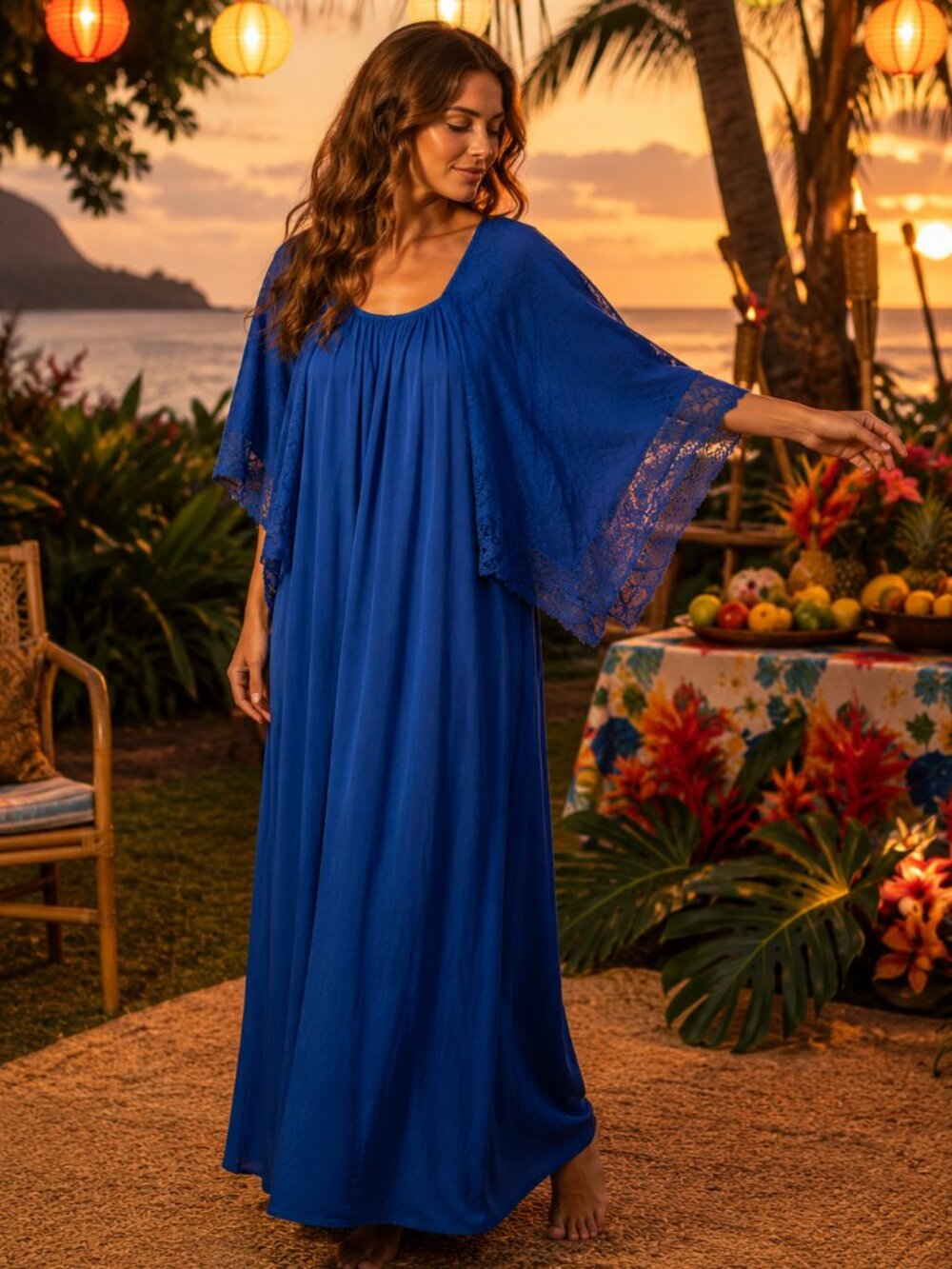 Vtg 70s royal blue long kimono sleeve maxi dress new